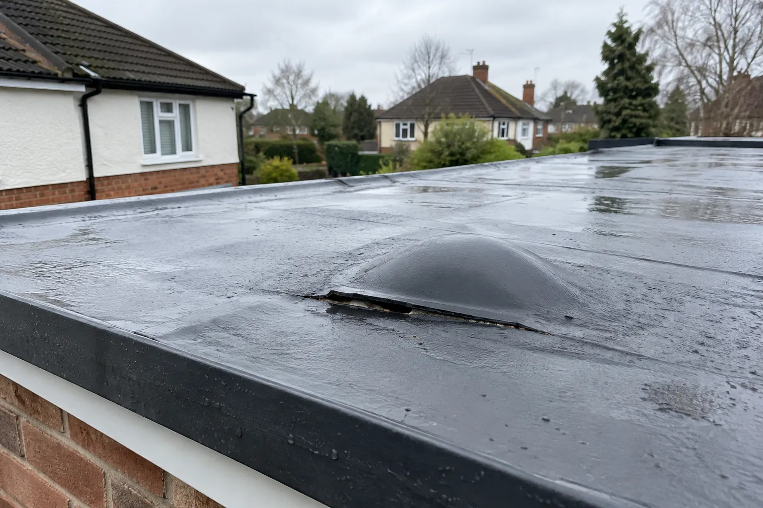 Close-up of a split and blister in a flat roof covering