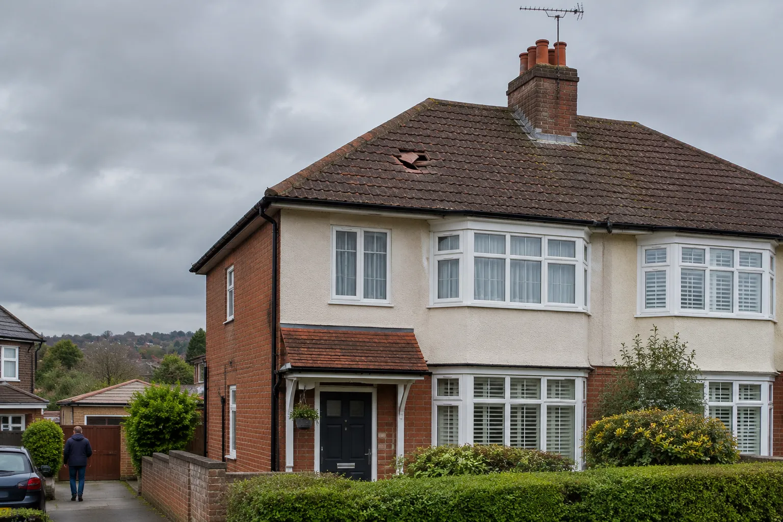 A pitched tiled roof with several slipped tiles