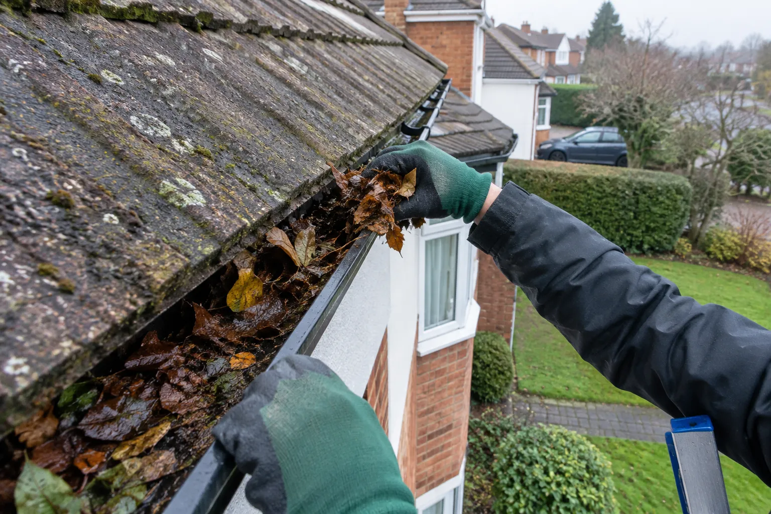 Gloved hands clearing leaves out of a roof gutter