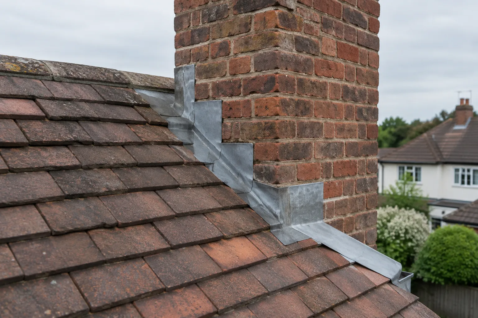 Lead flashing where a roof meets a brick chimney