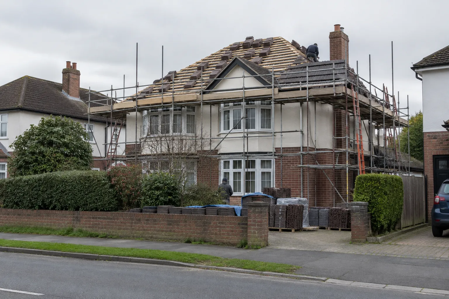 A house with scaffolding up during a roof replacement